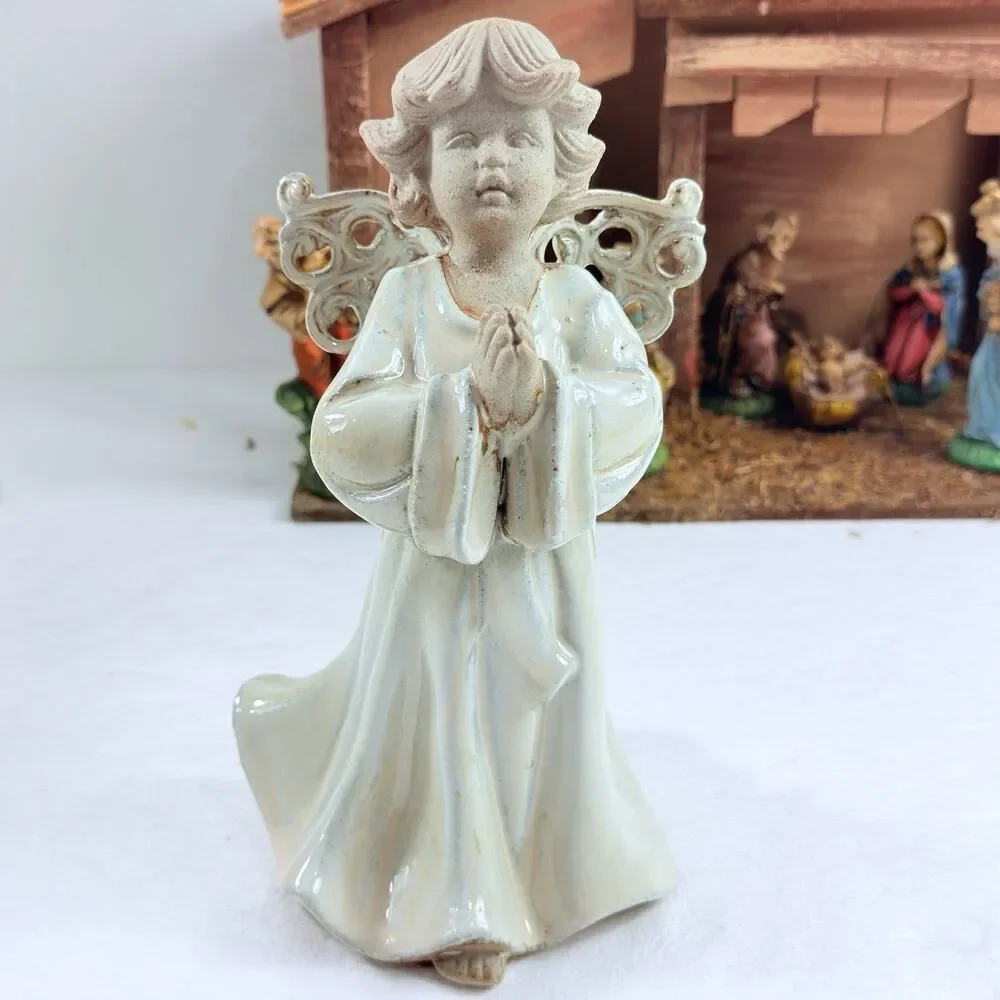 Vintage SEARS Nativity Set 7 Hand Painted Figures & Wood Stable Christmas Decor